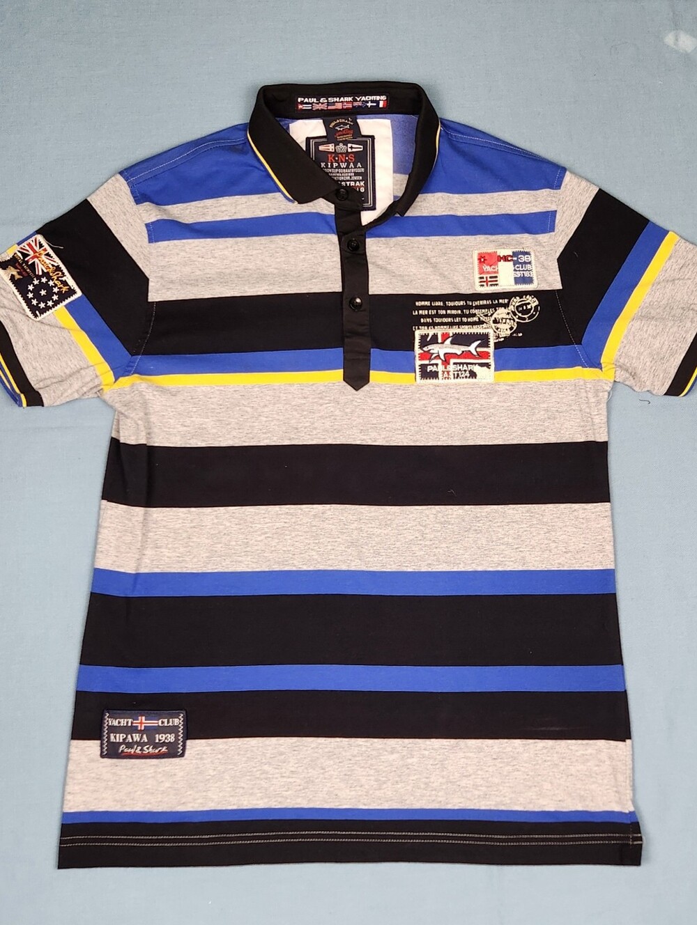 Paul and Shark Yachting Striped Polo Shirt Mens L Gray Blue Preppy Nautical